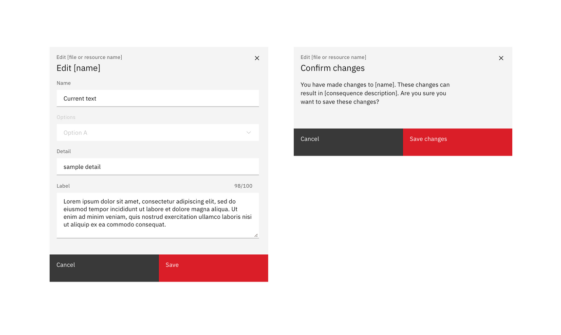 Example of a high-impact editing modal and consequent warning modal Example of a high-impact editing modal and consequent warning modal