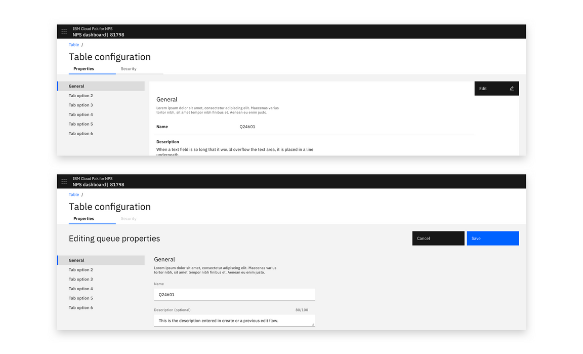 Example of a properties view in reading (top) and editing (bottom) views Example of a properties view in reading (top) and editing (bottom) views